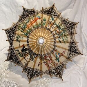 Authentic Vintage handmade Small Asian Art paper wood‎ shaft umbrella